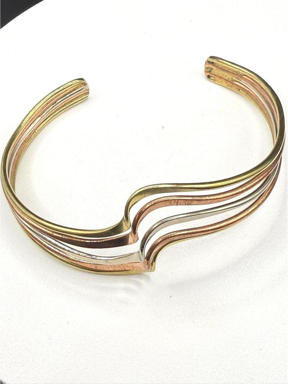 Native American Tri-Metal Copper, Brass and Silver Wave Cuff - M. Suazo